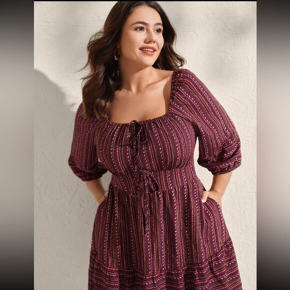 BloomChic Fall Stripes Cinched-Waist Tie Midi Dress – Size 1X - NWT - Picture 2 of 7